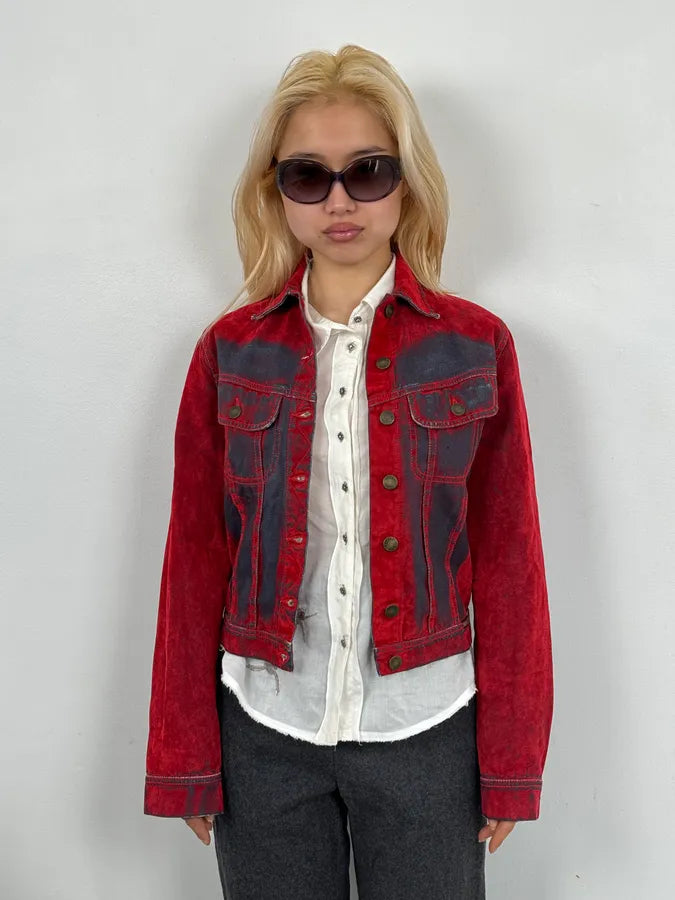 Plein Sud Red & Blue Gradient Velvet Denim Trucker Jacket MkufsVm 1