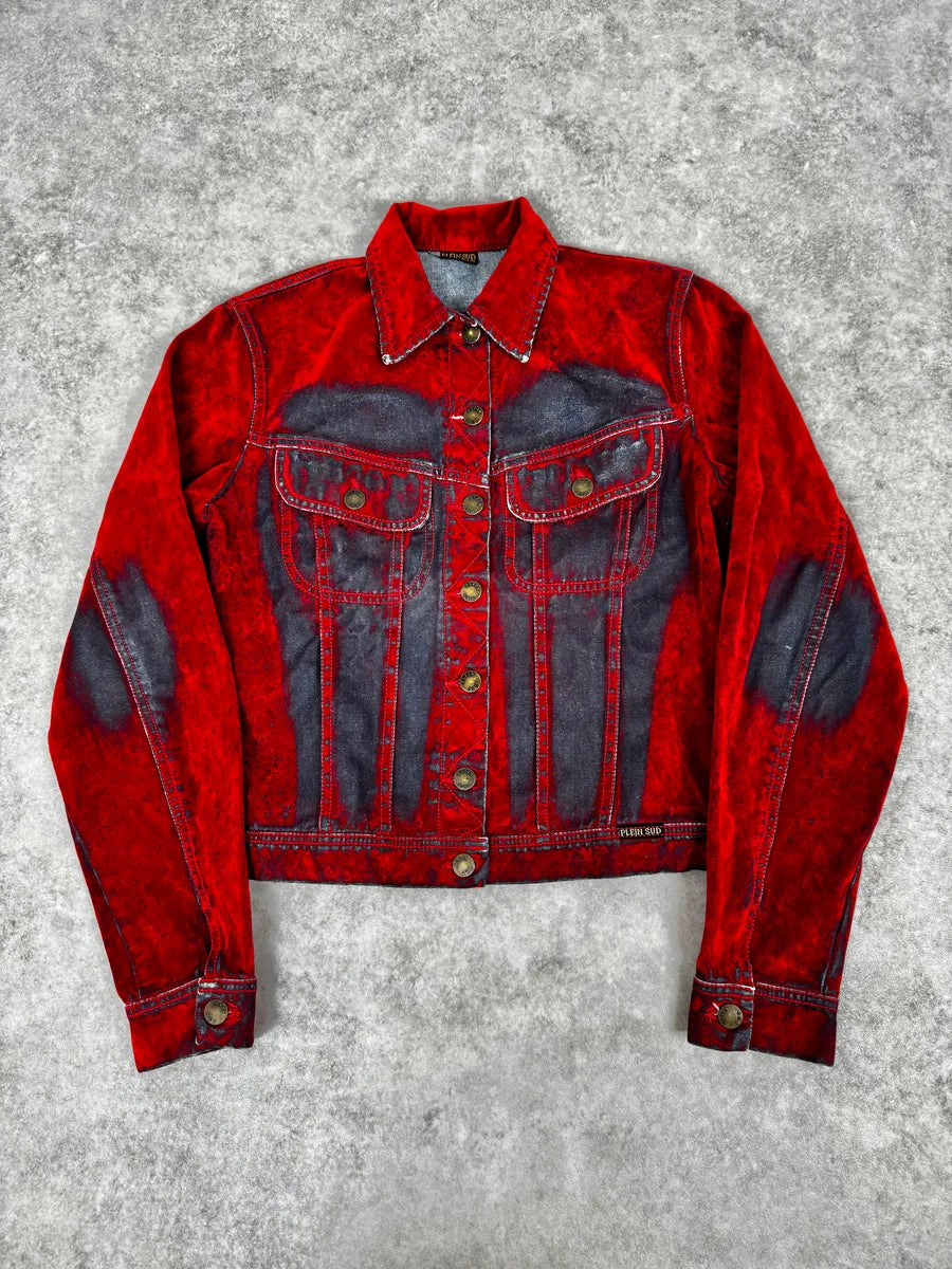 Plein Sud Red & Blue Gradient Velvet Denim Trucker Jacket MkufsVm 0