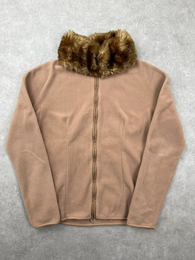 AW2011 Prada Beige Fleece Faux Fur Collar Zip-up Sweater xYHkDQx 0