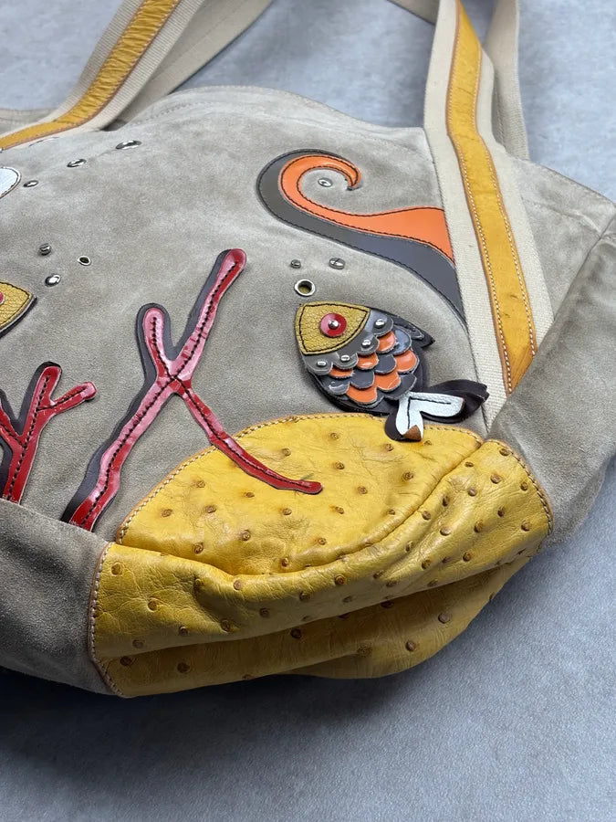 SS2004 Prada Beige Sea Life Ostrich Yellow Eyelet Leather Handle Bag GxomYFO 4