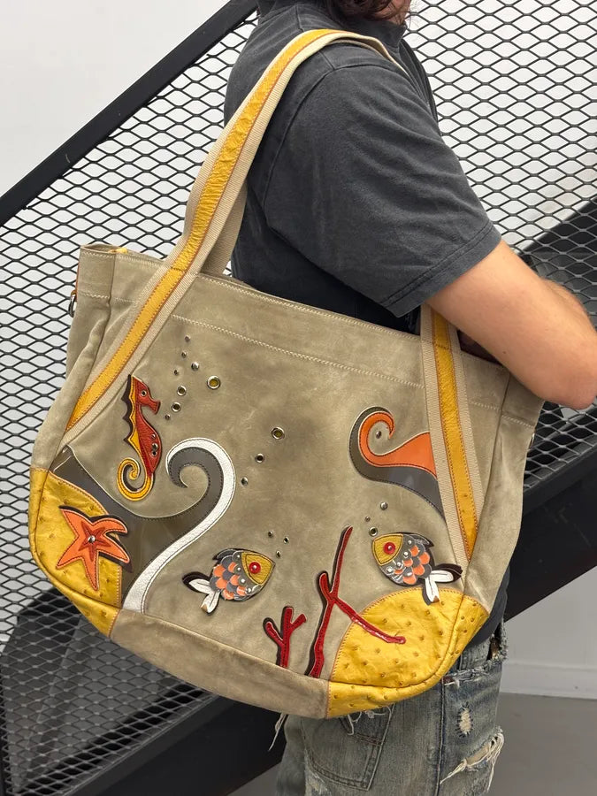 SS2004 Prada Beige Sea Life Ostrich Yellow Eyelet Leather Handle Bag GxomYFO 2