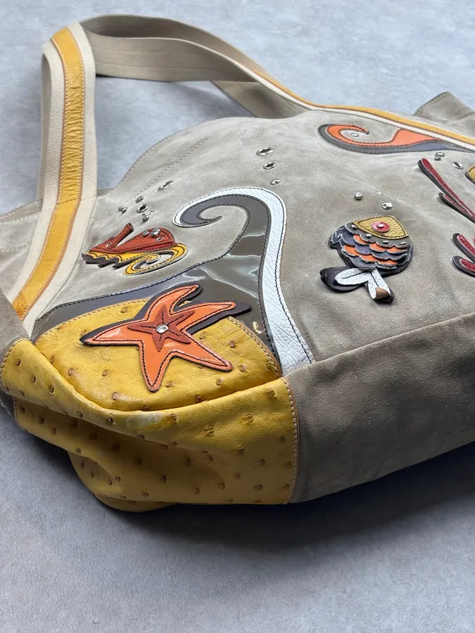 SS2004 Prada Beige Sea Life Ostrich Yellow Eyelet Leather Handle Bag GxomYFO 6