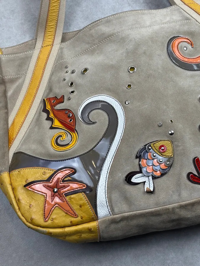 SS2004 Prada Beige Sea Life Ostrich Yellow Eyelet Leather Handle Bag GxomYFO 3