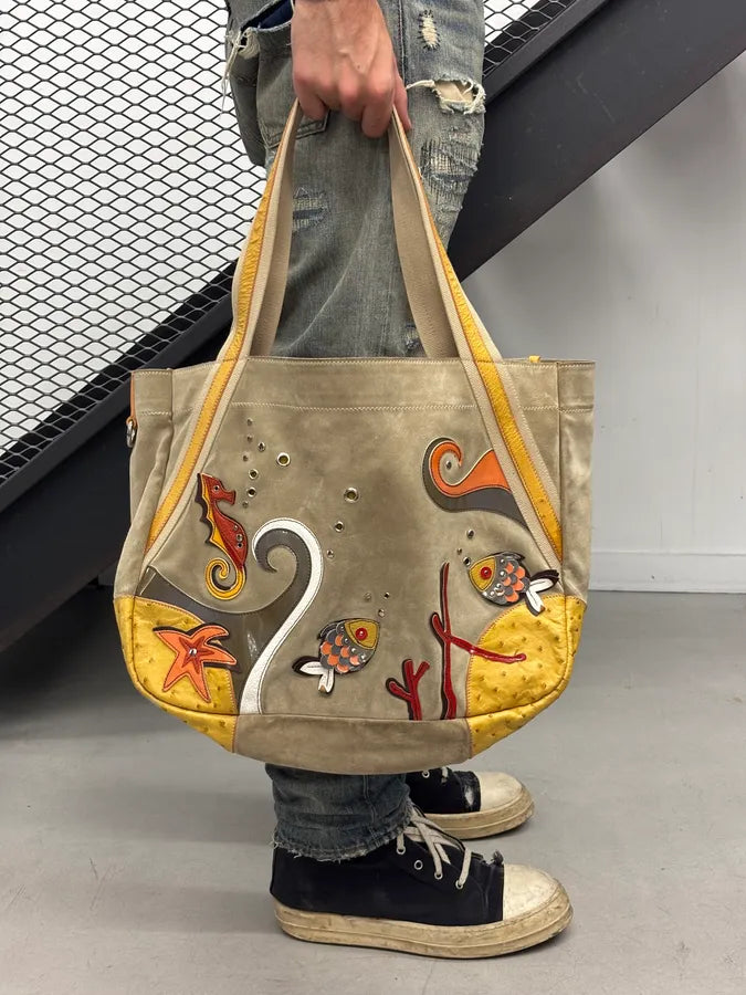 SS2004 Prada Beige Sea Life Ostrich Yellow Eyelet Leather Handle Bag GxomYFO 1