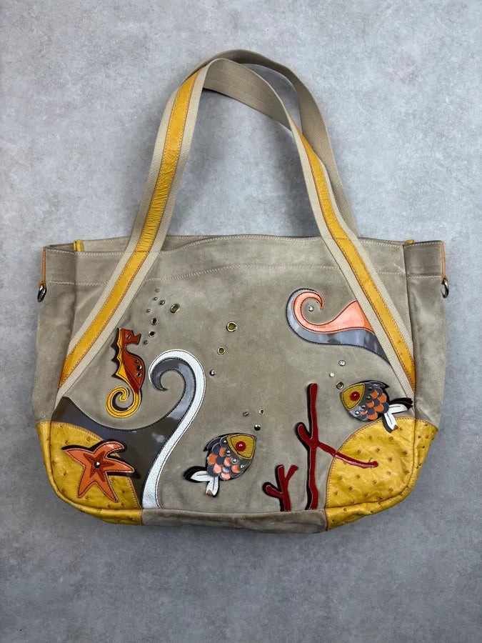 SS2004 Prada Beige Sea Life Ostrich Yellow Eyelet Leather Handle Bag GxomYFO 0