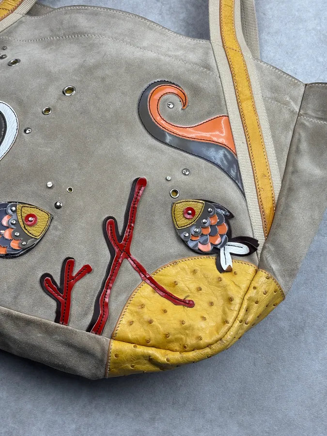 SS2004 Prada Beige Sea Life Ostrich Yellow Eyelet Leather Handle Bag GxomYFO 5