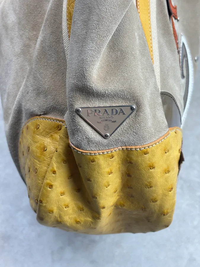 SS2004 Prada Beige Sea Life Ostrich Yellow Eyelet Leather Handle Bag GxomYFO 15