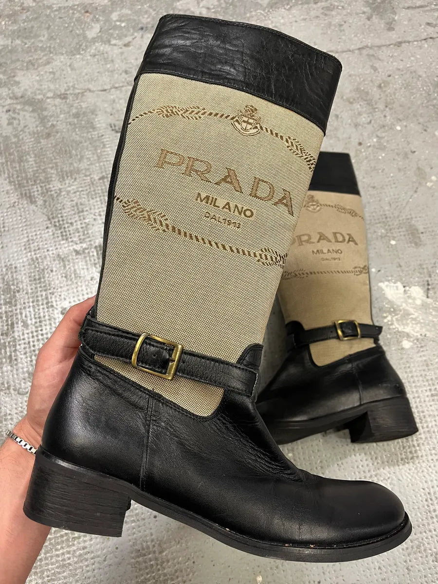 Prada Beige Linen Black Leather Boots huaeIwH 0