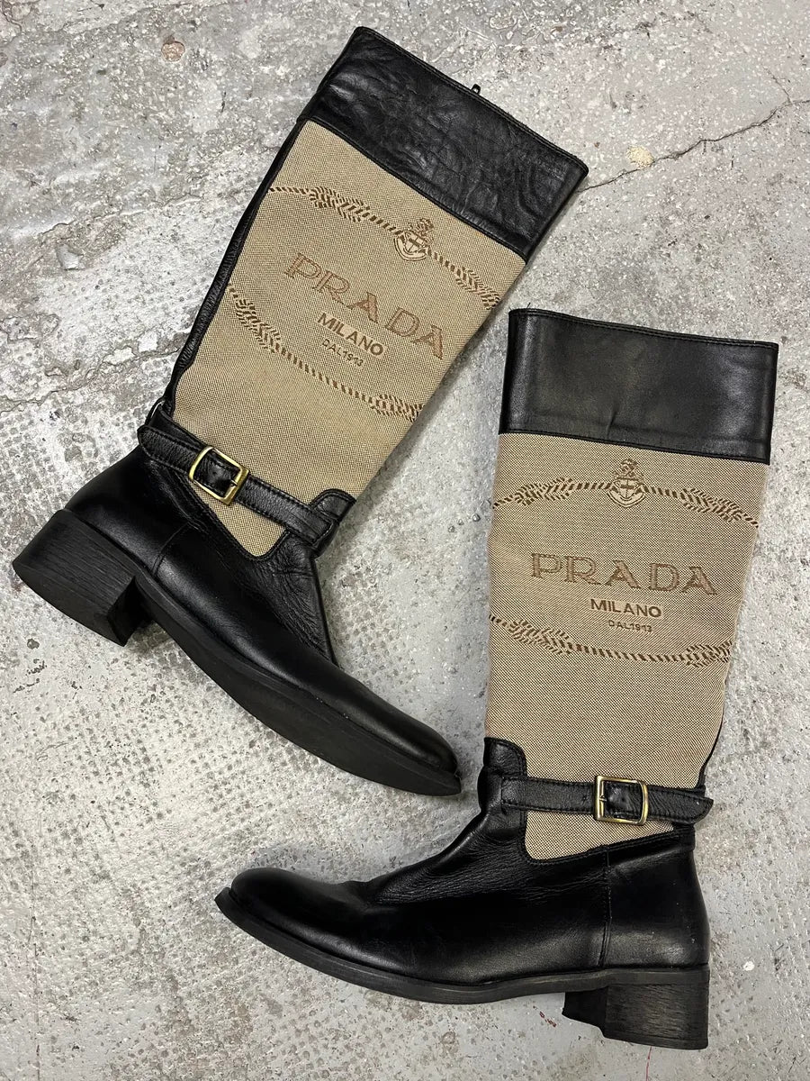 Prada Beige Linen Black Leather Boots huaeIwH 1