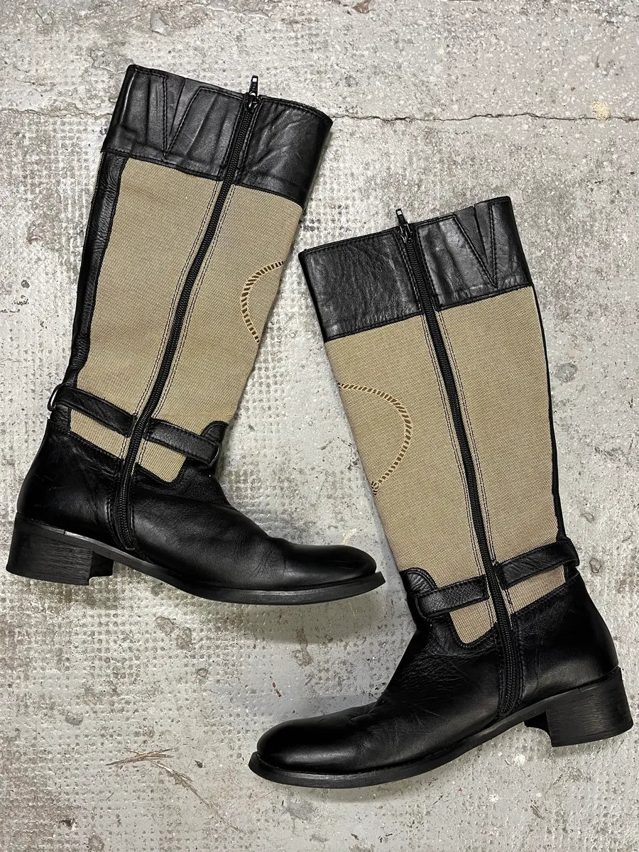 Prada Beige Linen Black Leather Boots huaeIwH 2