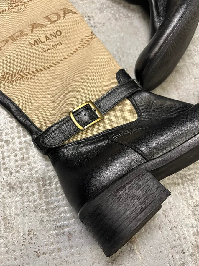 Prada Beige Linen Black Leather Boots huaeIwH 3