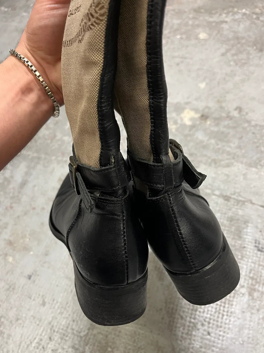 Prada Beige Linen Black Leather Boots huaeIwH 6