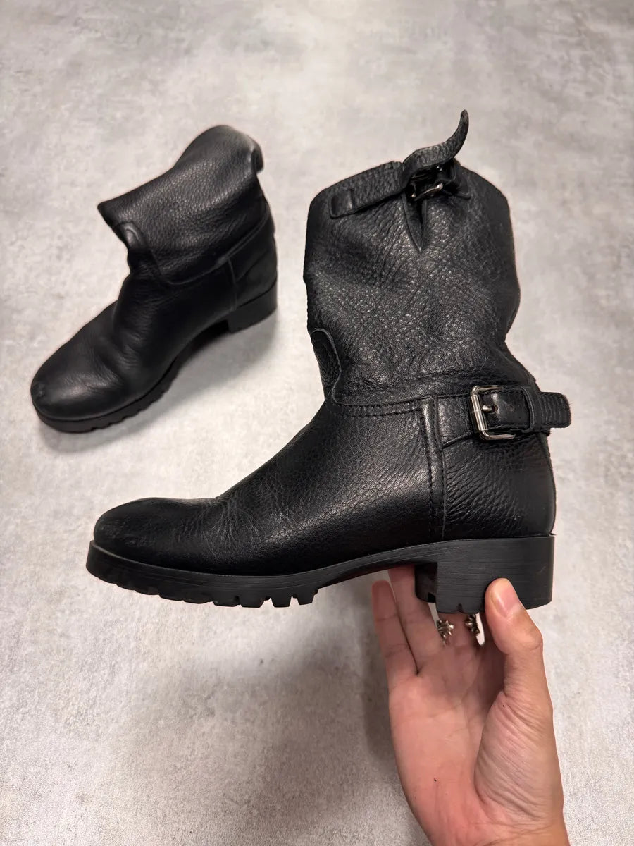 Prada Biker Black Leather Boots xHINUai 1