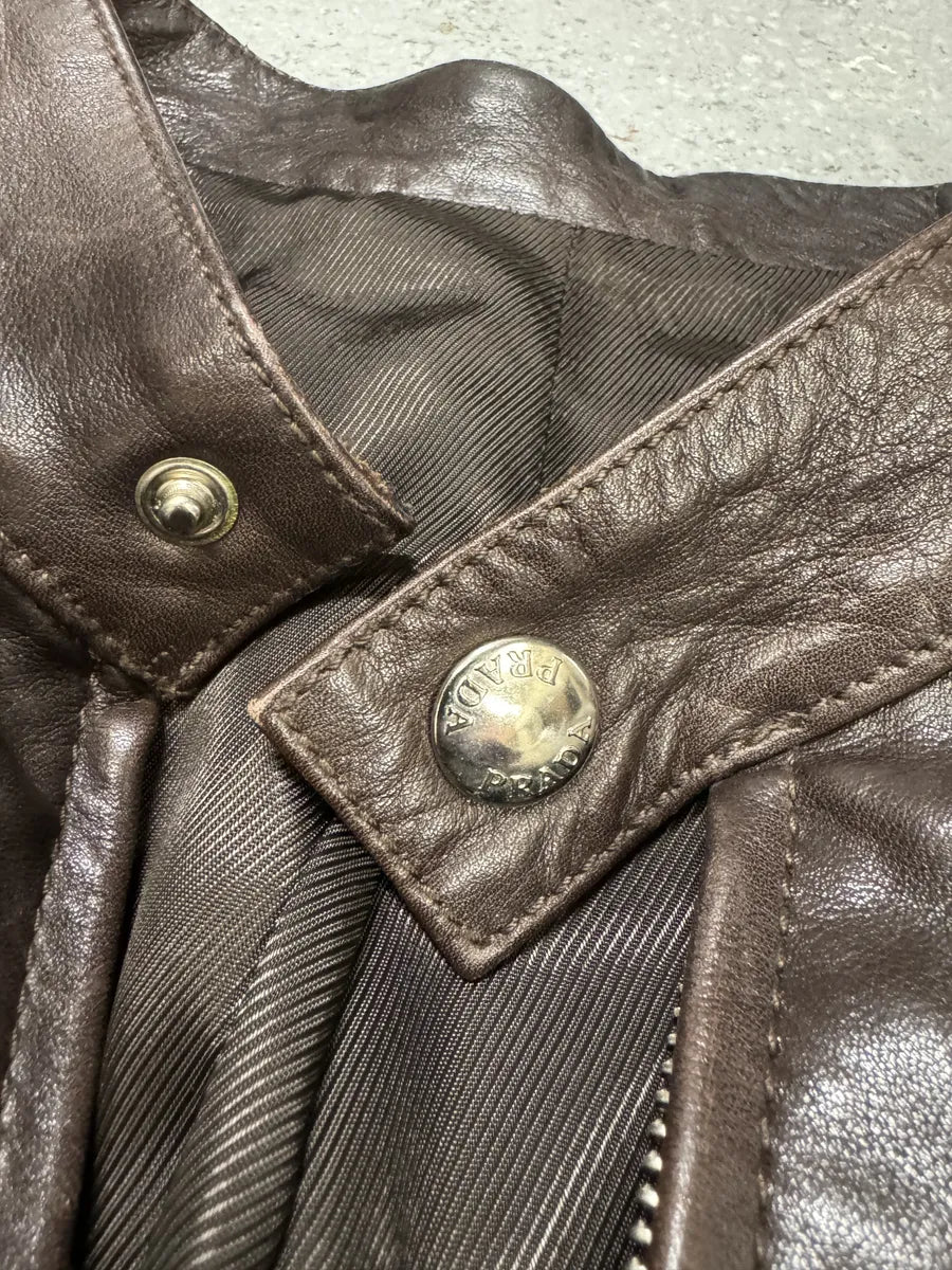 Prada Biker Brown Premium Leather Jacket (L) AgbXnGB 12