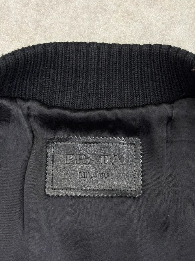 AW2022 Prada Black Leather Bomber Jacket WmdQpvK 9
