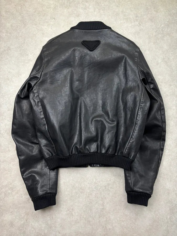 AW2022 Prada Black Leather Bomber Jacket WmdQpvK 4