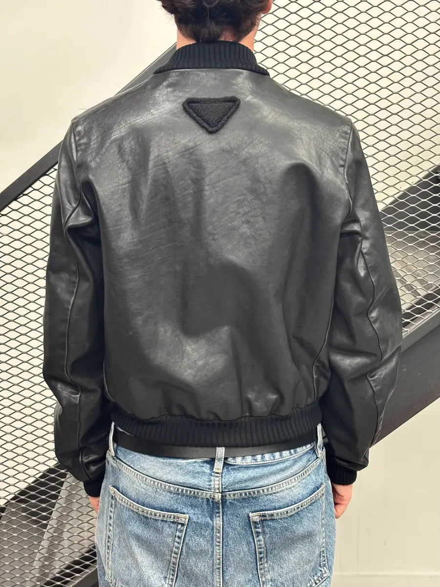 AW2022 Prada Black Leather Bomber Jacket WmdQpvK 2