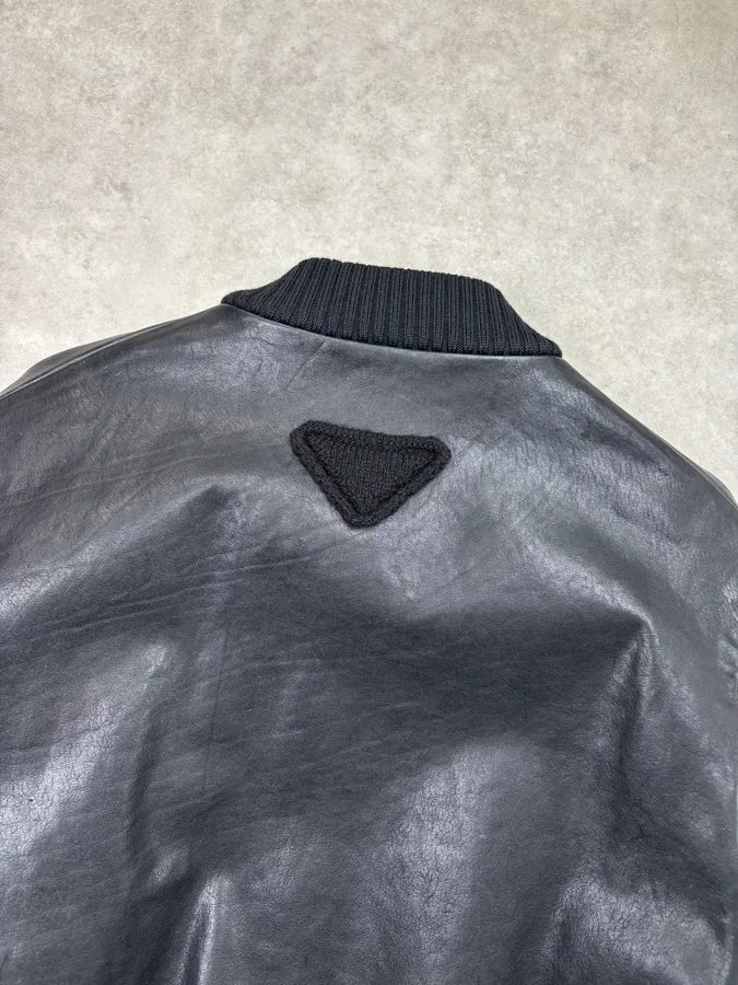 AW2022 Prada Black Leather Bomber Jacket WmdQpvK 5
