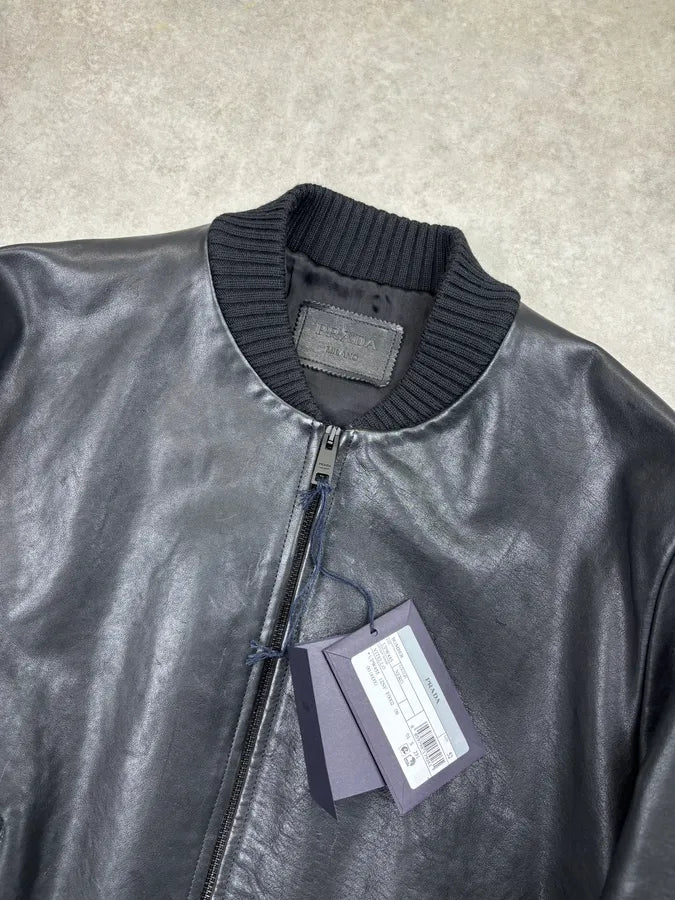 AW2022 Prada Black Leather Bomber Jacket WmdQpvK 3