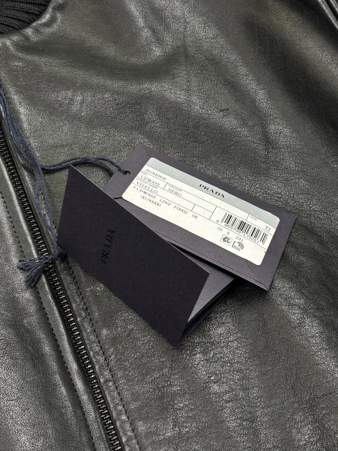AW2022 Prada Black Leather Bomber Jacket WmdQpvK 10