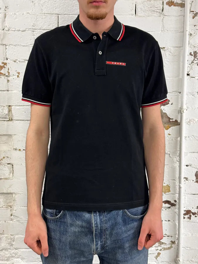 SS2018 Prada Black Contrast Stripe Polo Shirt zZJvshY 1