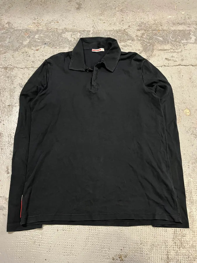 Prada Black Cotton Red Linea Rossa Tape Longsleeve Polo GegETmX 0