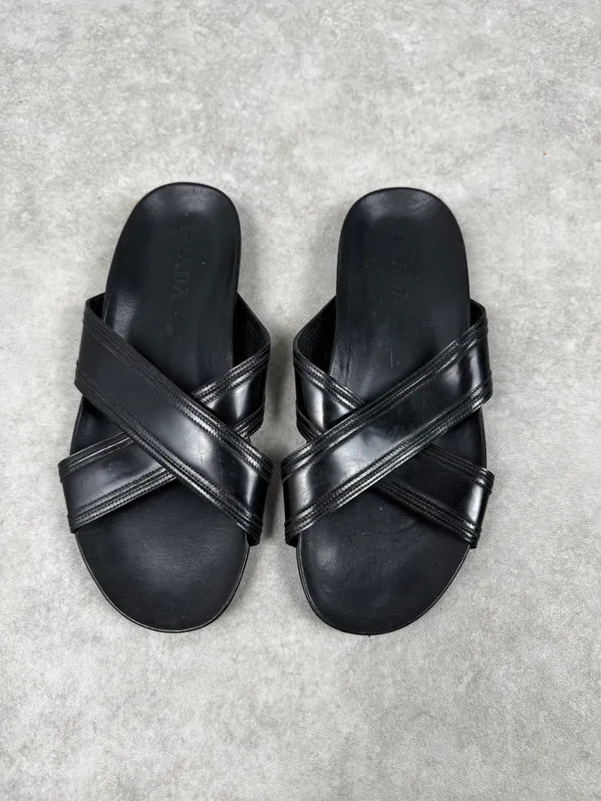 Prada Black Cross Leather Band Sandals TYEPlkO 2
