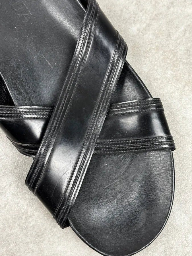 Prada Black Cross Leather Band Sandals TYEPlkO 3