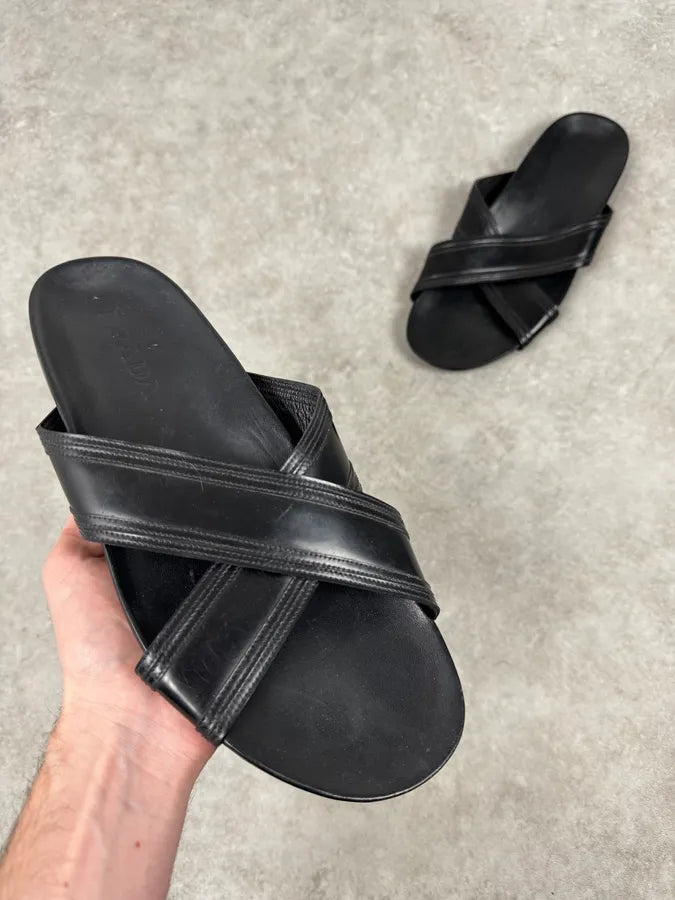 Prada Black Cross Leather Band Sandals TYEPlkO 1