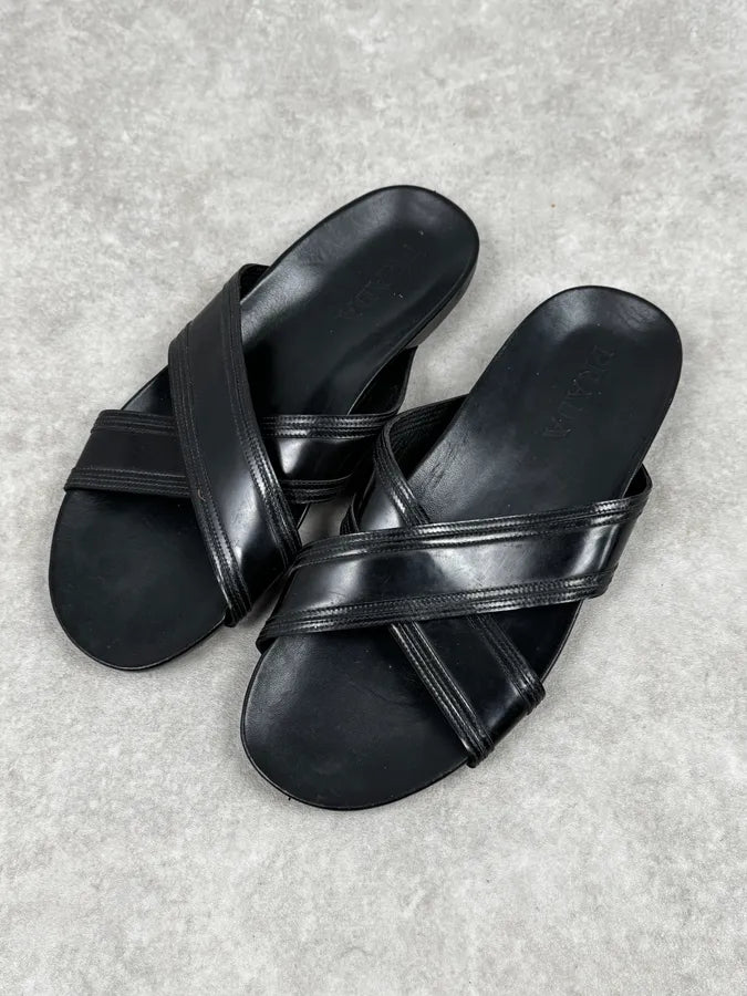Prada Black Cross Leather Band Sandals TYEPlkO 0