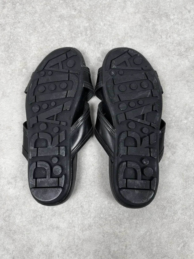 Prada Black Cross Leather Band Sandals TYEPlkO 4