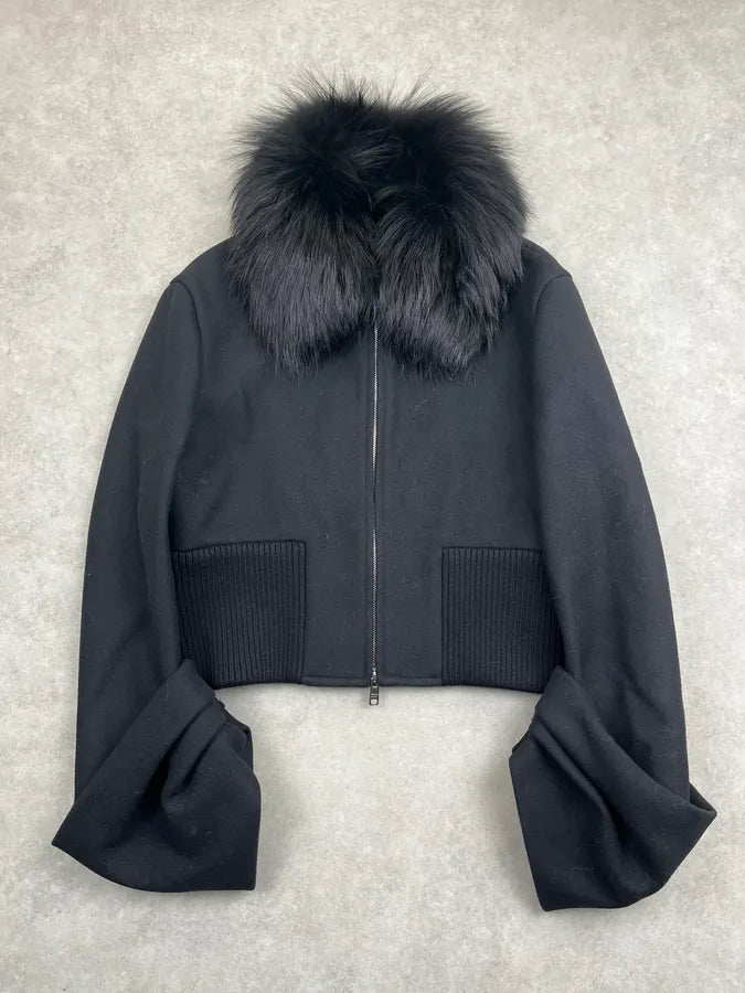 AW2013 Prada Black Dyed Fox Fur Collar Ribbed Sleeves Jacket Qxnjiwu 0