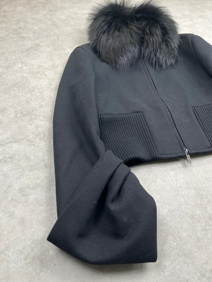 AW2013 Prada Black Dyed Fox Fur Collar Ribbed Sleeves Jacket Qxnjiwu 5