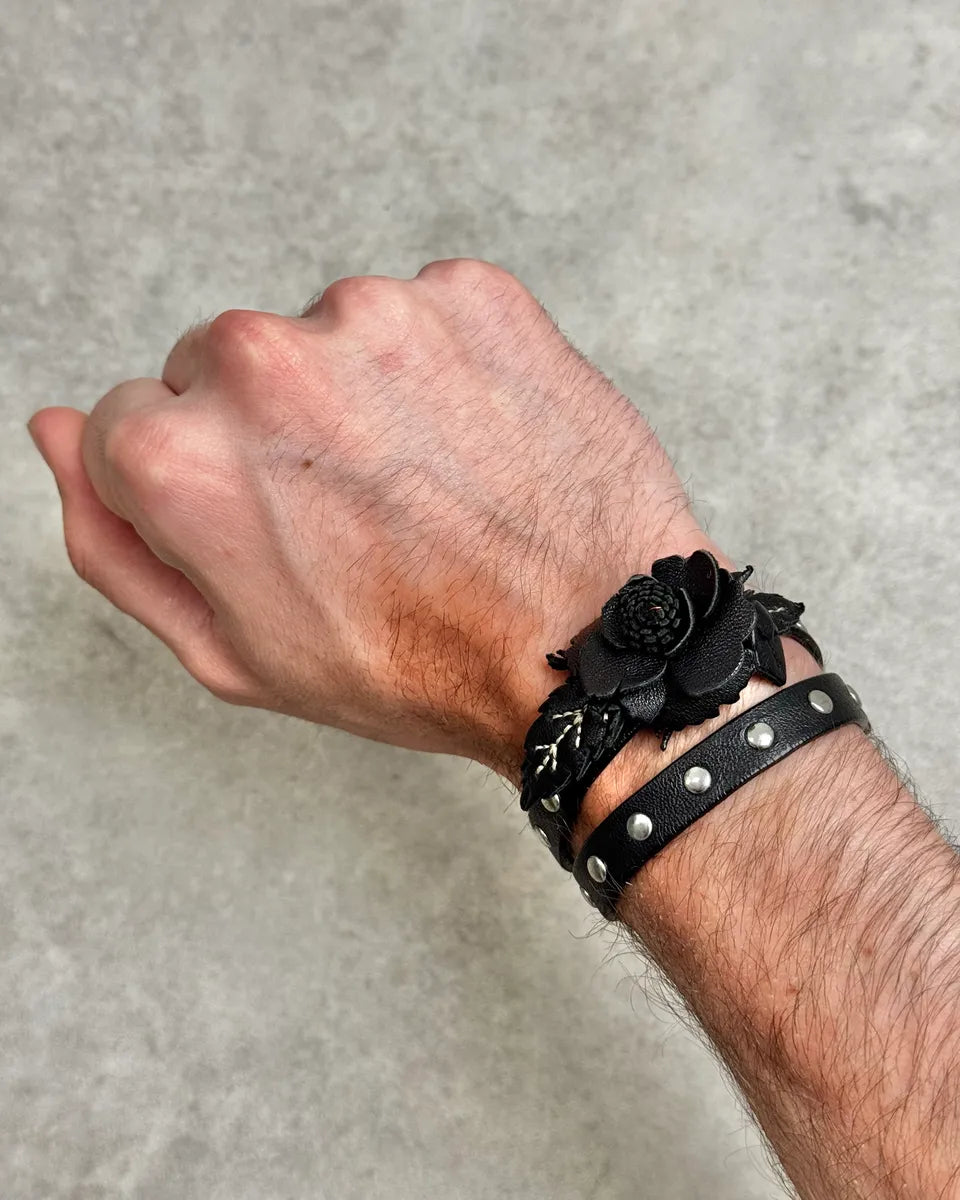 Prada Black Floral Studded Leather Bracelet NijnxsS 0