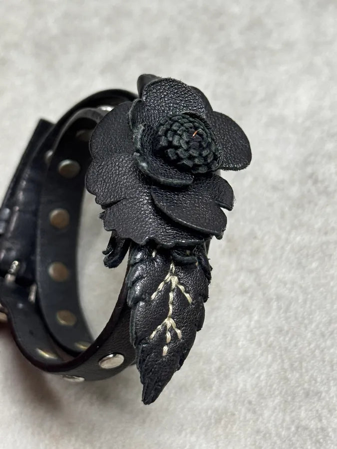 Prada Black Floral Studded Leather Bracelet NijnxsS 5