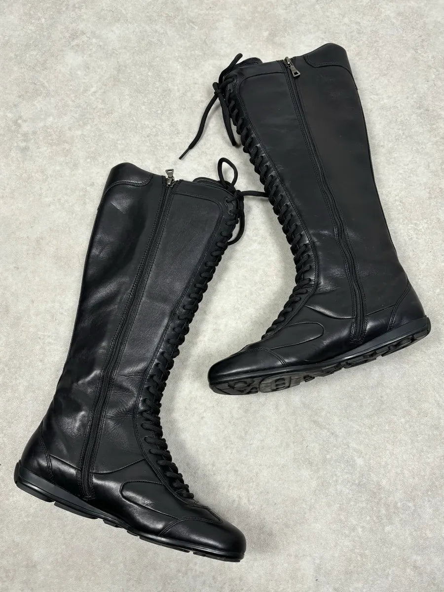 Prada Black Leather Biker Lace-Up Knee-High Boots JNyUhzS 1
