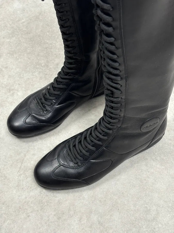 Prada Black Leather Biker Lace-Up Knee-High Boots JNyUhzS 6