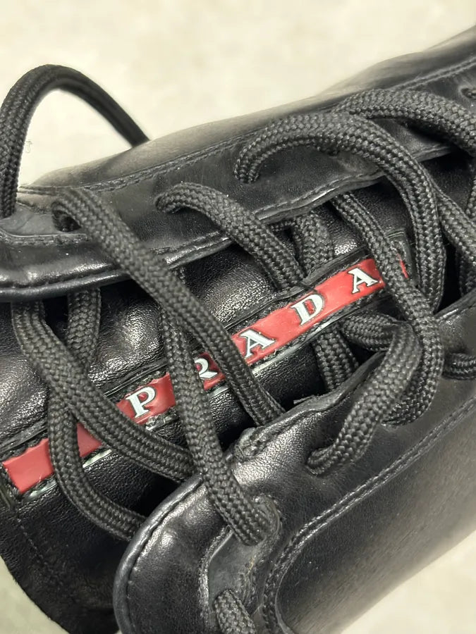 Prada Black Leather Biker Lace-Up Knee-High Boots JNyUhzS 9