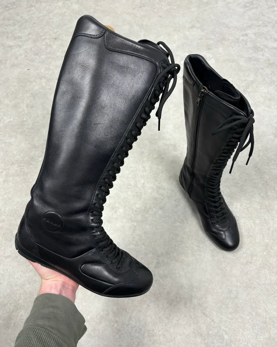 Prada Black Leather Biker Lace-Up Knee-High Boots JNyUhzS 0