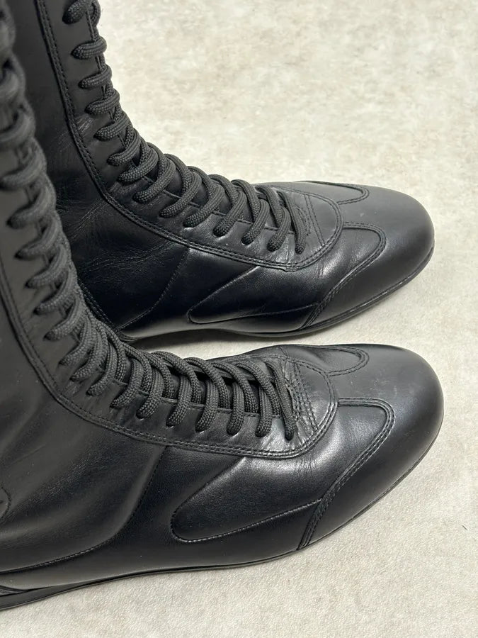 Prada Black Leather Biker Lace-Up Knee-High Boots JNyUhzS 4