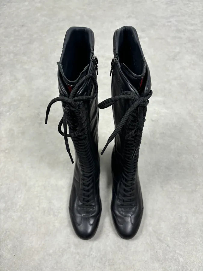 Prada Black Leather Biker Lace-Up Knee-High Boots JNyUhzS 2
