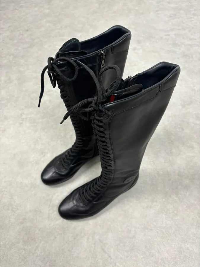 Prada Black Leather Biker Lace-Up Knee-High Boots JNyUhzS 3