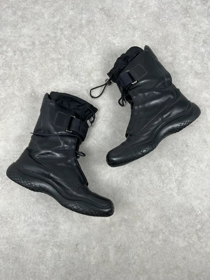 AW1999 Prada Black Leather Lace-Up High Biker Boots ShdgsEe 7