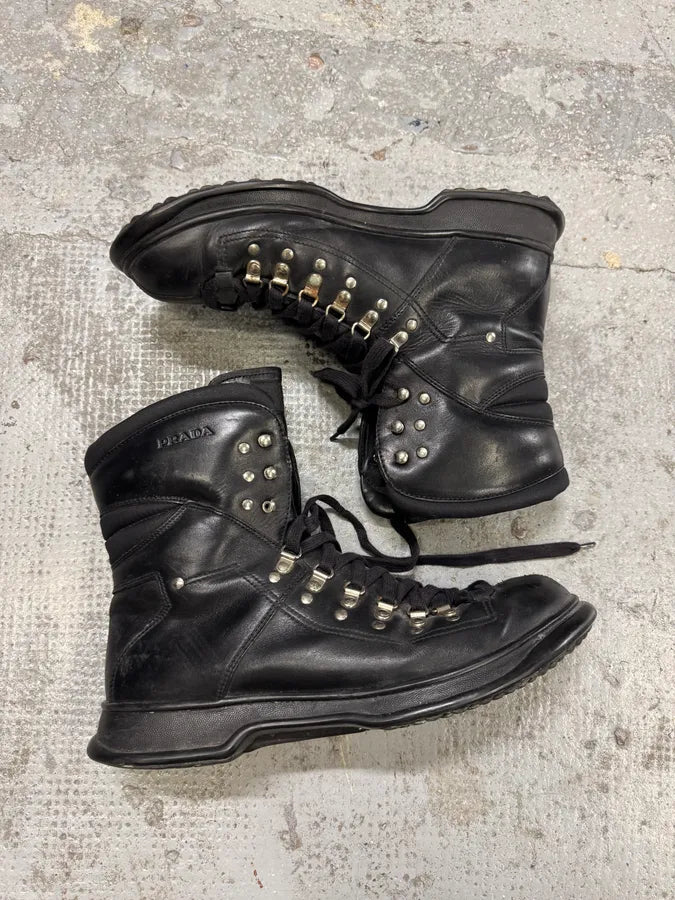 Prada Black Leather Metallic Biker Boots (43.5eu/us9.5) aIrLvzO 1