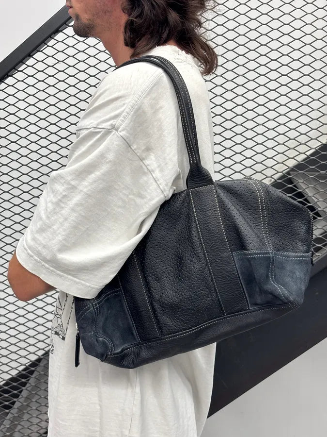 SS2003 Prada Dark Leather Perforated Handle Bag RKRVXtG 3