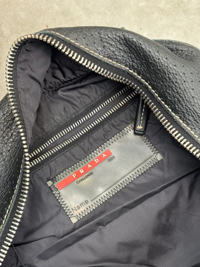 SS2003 Prada Dark Leather Perforated Handle Bag RKRVXtG 16