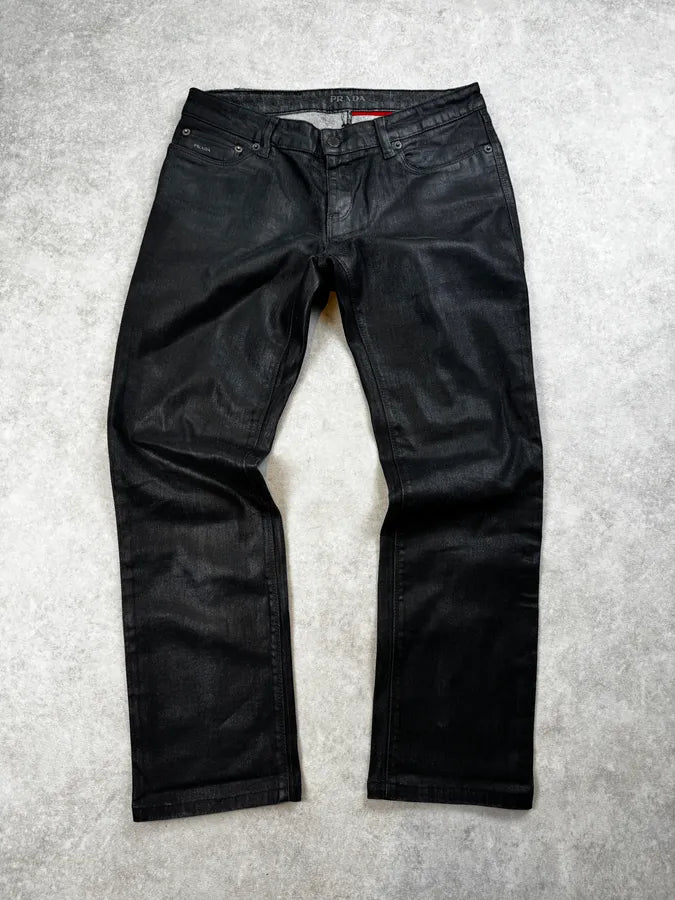 SS2007 Prada Black Waxed Denim Slim Jeans KxbeTGp 0