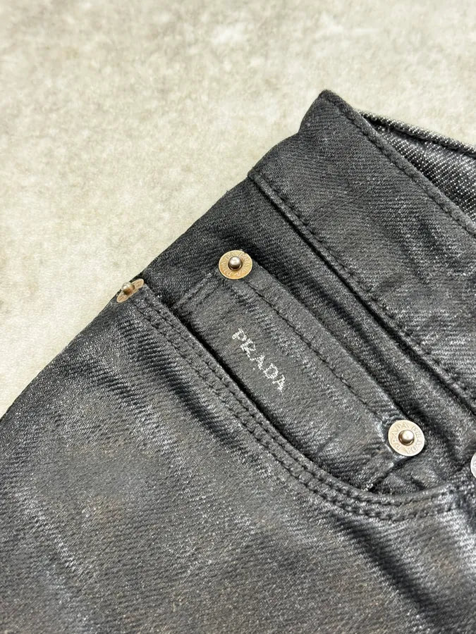 SS2007 Prada Black Waxed Denim Slim Jeans KxbeTGp 10