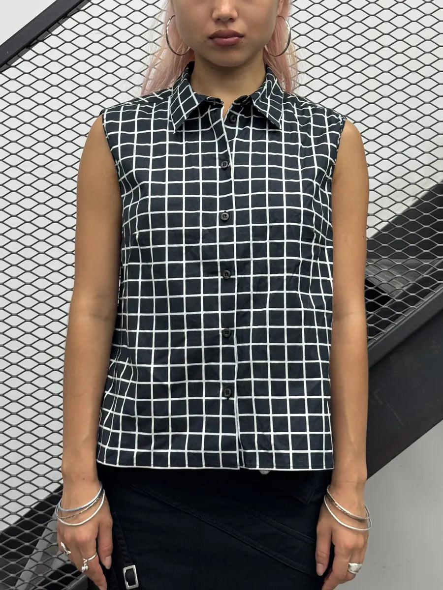 SS2011 Prada Black White Grid Sleeveless Shirt NYxmteP 1