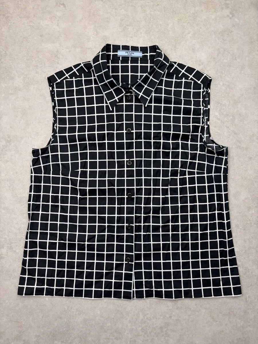 SS2011 Prada Black White Grid Sleeveless Shirt NYxmteP 0